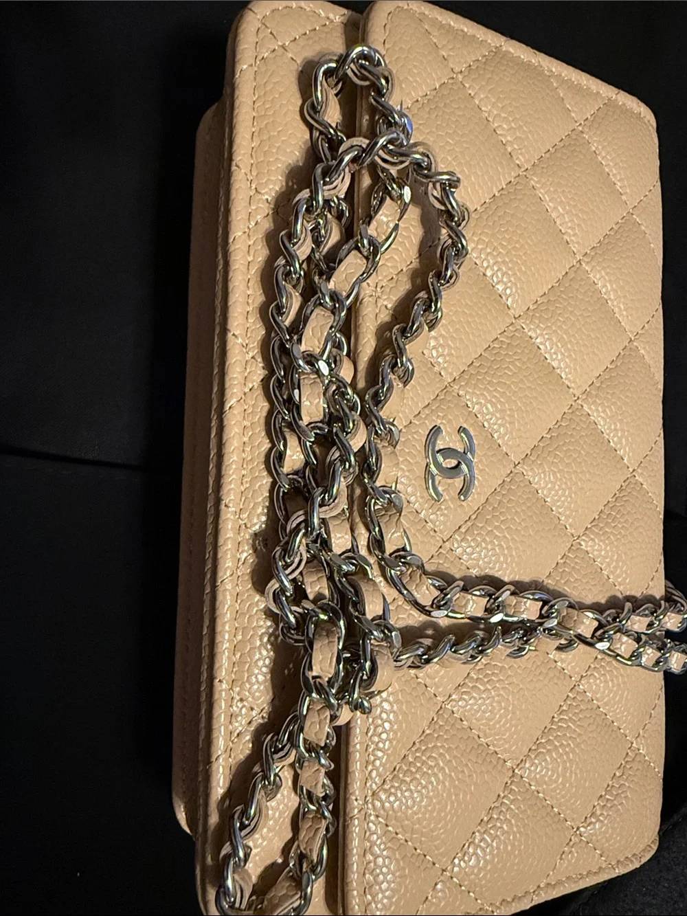 CHANEL Beige Quilted Caviar Wallet on Chain with Silver CC